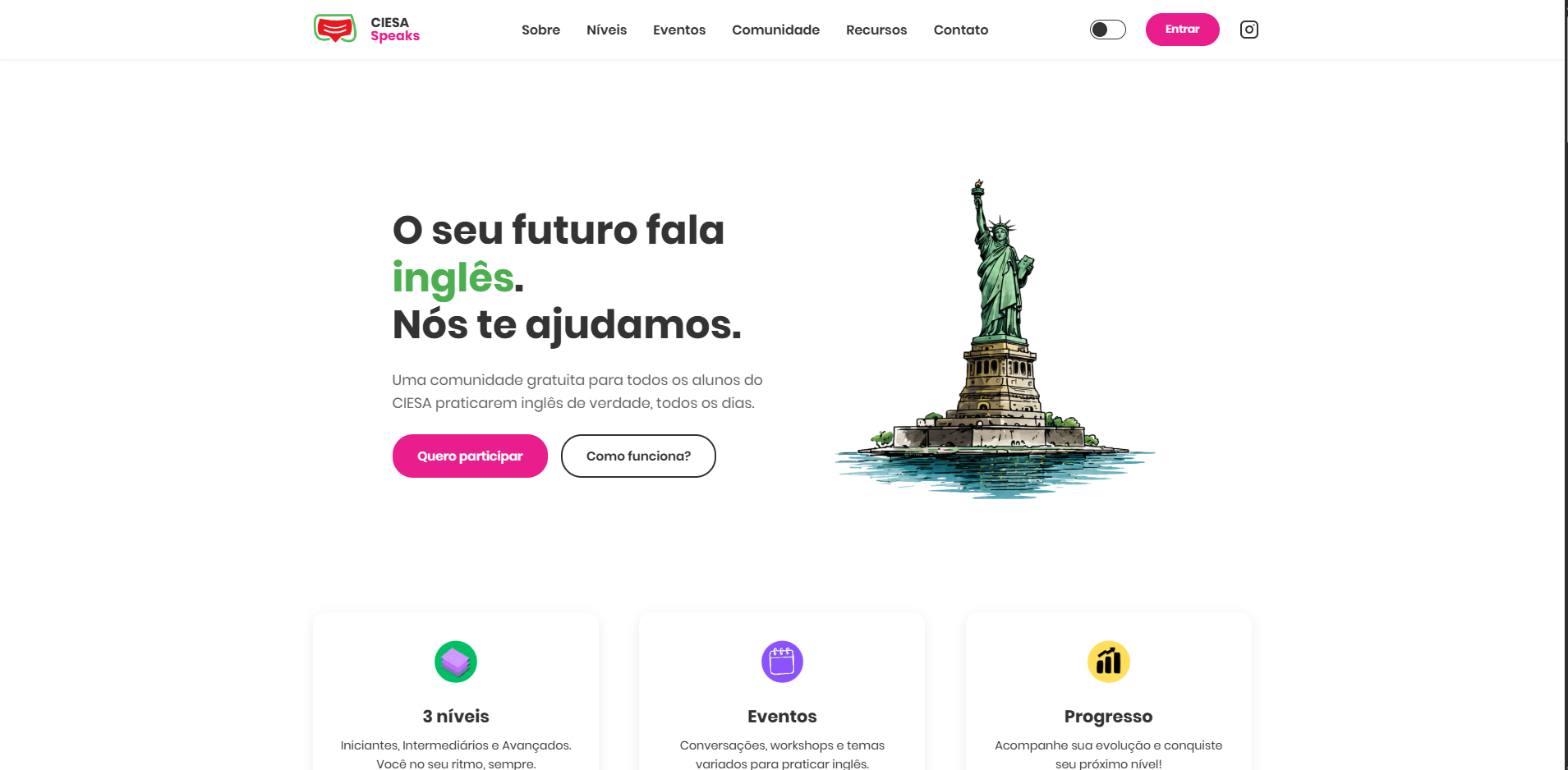 Tela inicial do site CIESA Speaks, com a chamada "O seu futuro fala inglês"