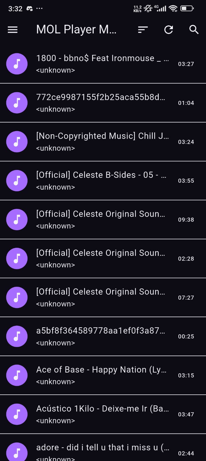Lista de músicas do MOL Music Player, com capas coloridas e duração de cada faixa