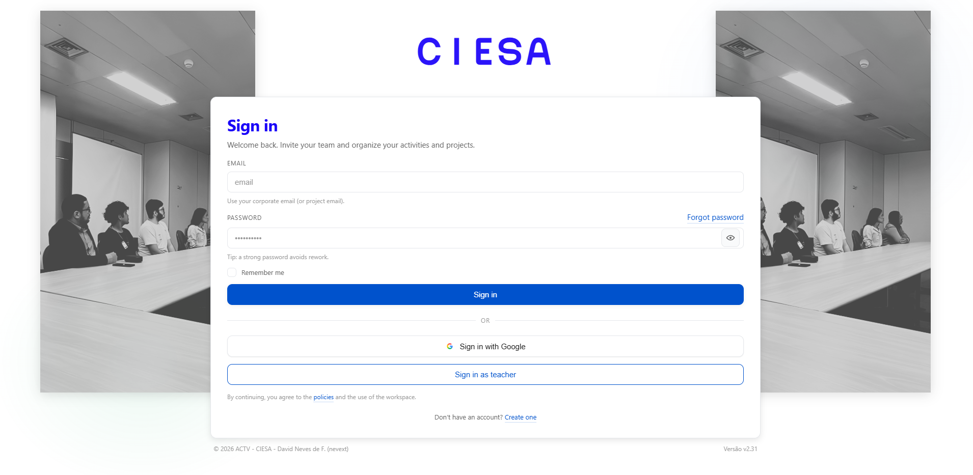 Tela de login do ACTV